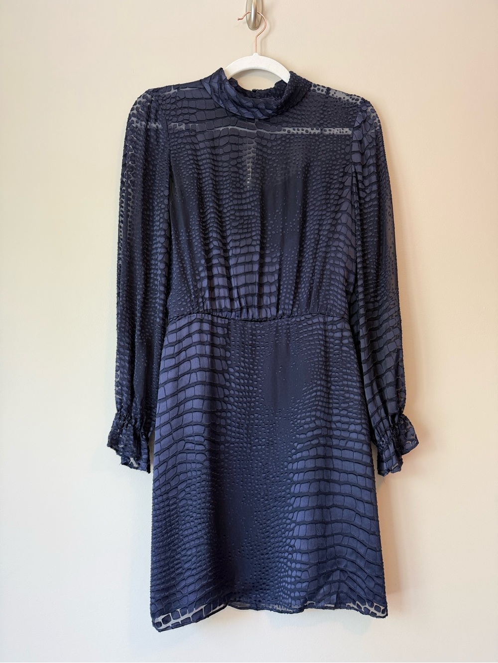 Reiss Navy Croc Print Silk Blend Long Sleeve Dress Size 4/UK 8